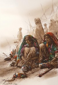 Ali Abbas, Thar desert life, 15 x 22 Inch, Watercolor on Paper, Figurative Painting, AC-AAB-245